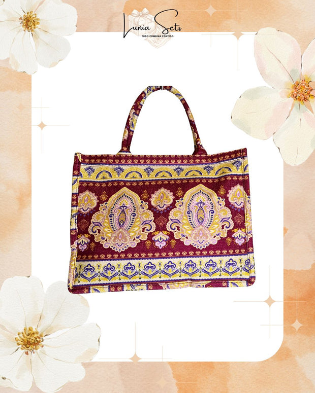“Paisley Frida” – Tote playero grande + bolso de mano