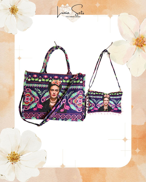 “Frida Neón Floral” – Tote playero grande + bolso de mano