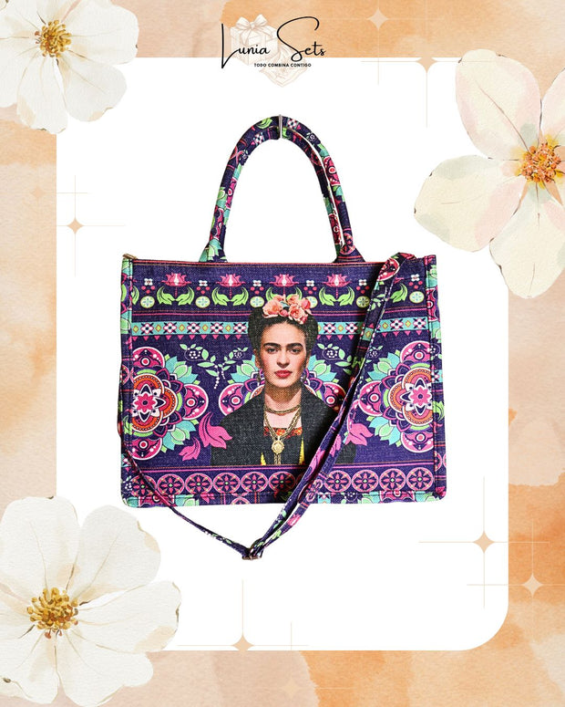 “Frida Neón Floral” – Tote playero grande + bolso de mano