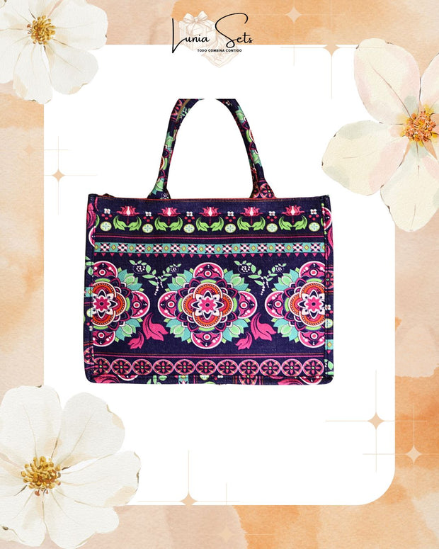 “Frida Neón Floral” – Tote playero grande + bolso de mano