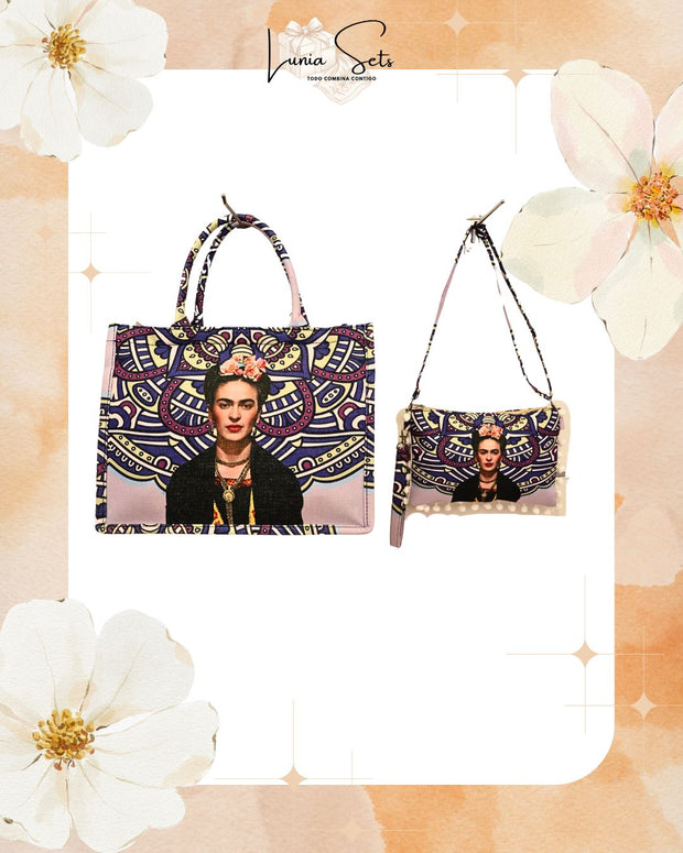 Frida Mandala Tote playero grande + bolso de mano a juego