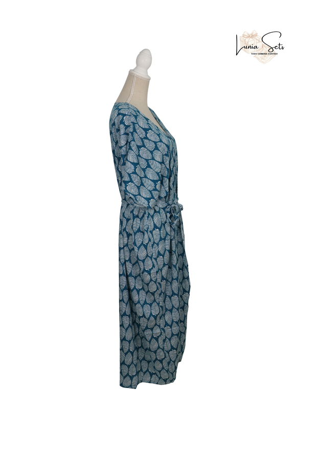 Brisa Teal – Vestido Largo con Hojas