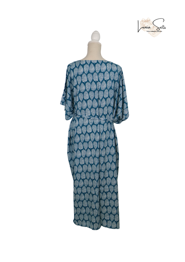 Brisa Teal – Vestido Largo con Hojas