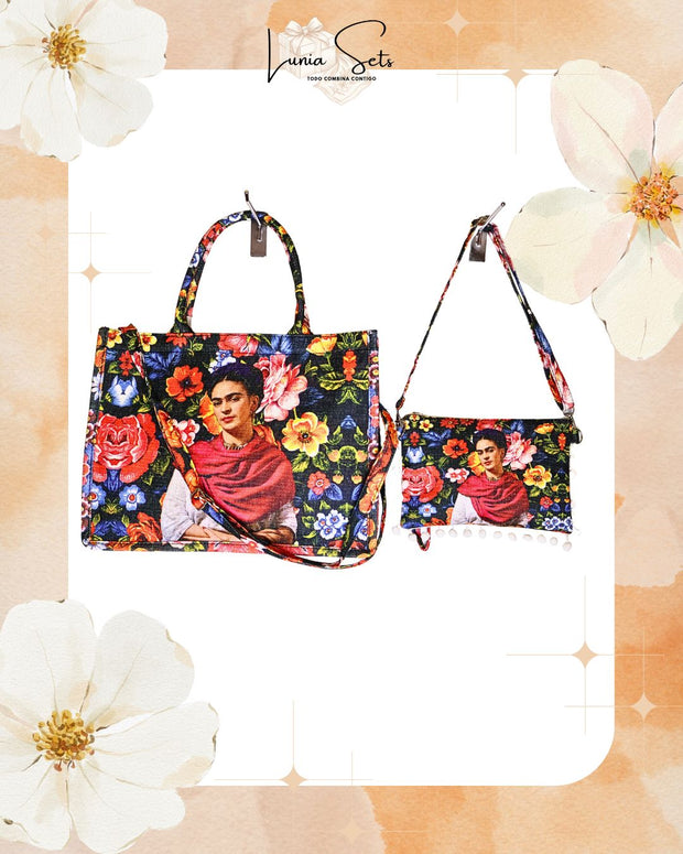 “Floral Nocturno Frida” – Tote playero grande + bolso de mano a juego