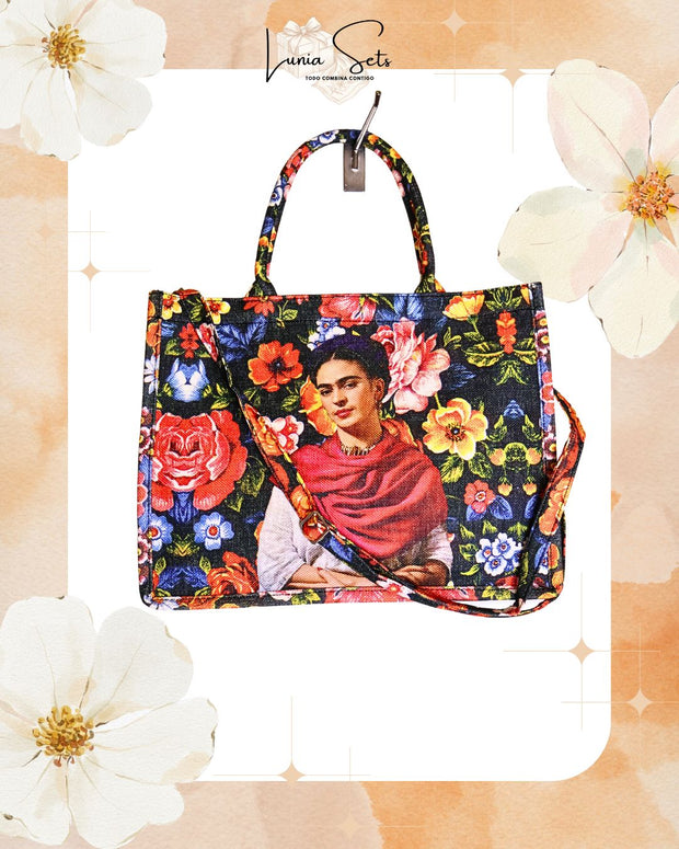 “Floral Nocturno Frida” – Tote playero grande + bolso de mano a juego