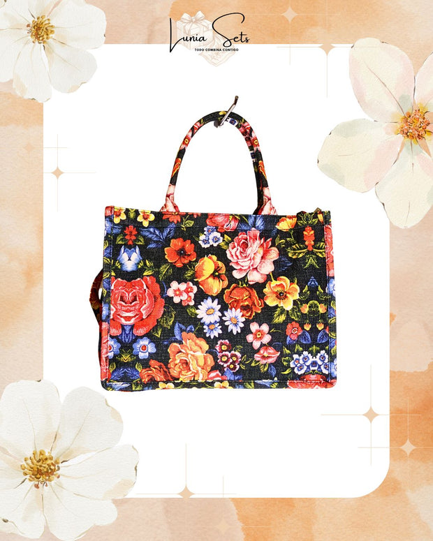 “Floral Nocturno Frida” – Tote playero grande + bolso de mano a juego